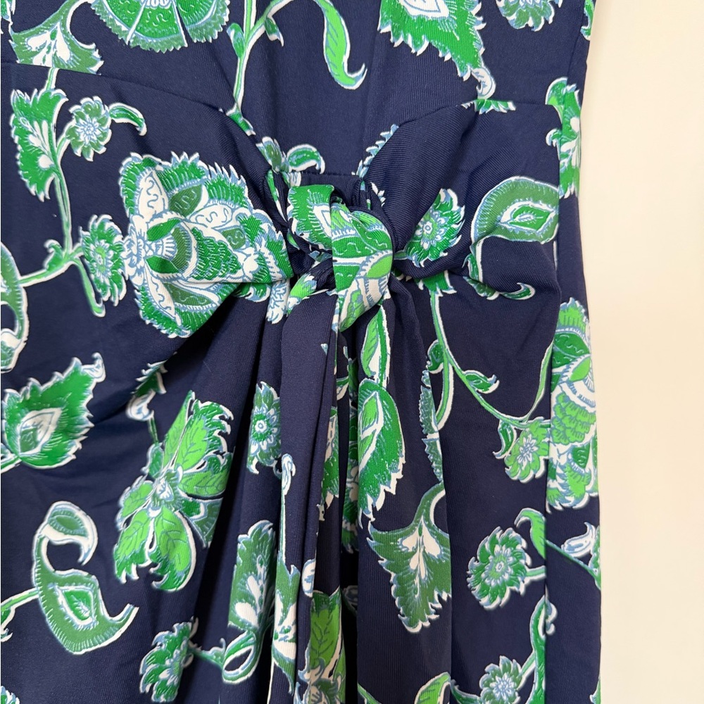 Talbots Navy Dress with Green Floral Print and Tie Waist - Picture 3 of 4